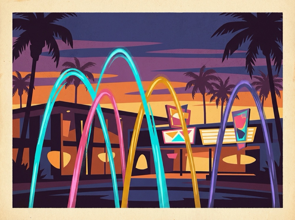 Retro postcard of a grand Las Vegas fountain water show at night
