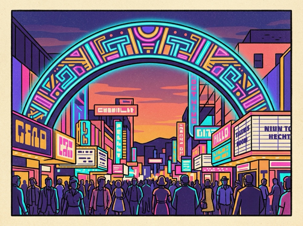Retro postcard of a glowing LED canopy over a downtown Las Vegas street
