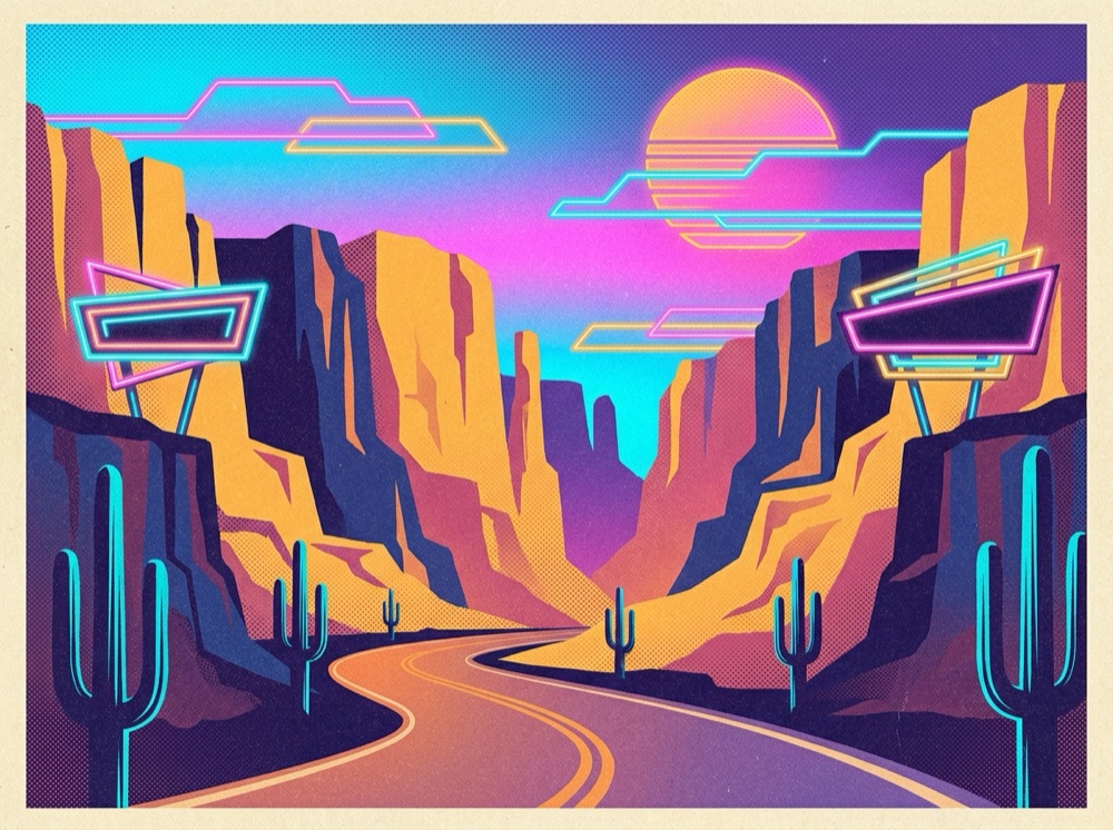 Retro postcard of red sandstone canyon cliffs and a scenic desert road