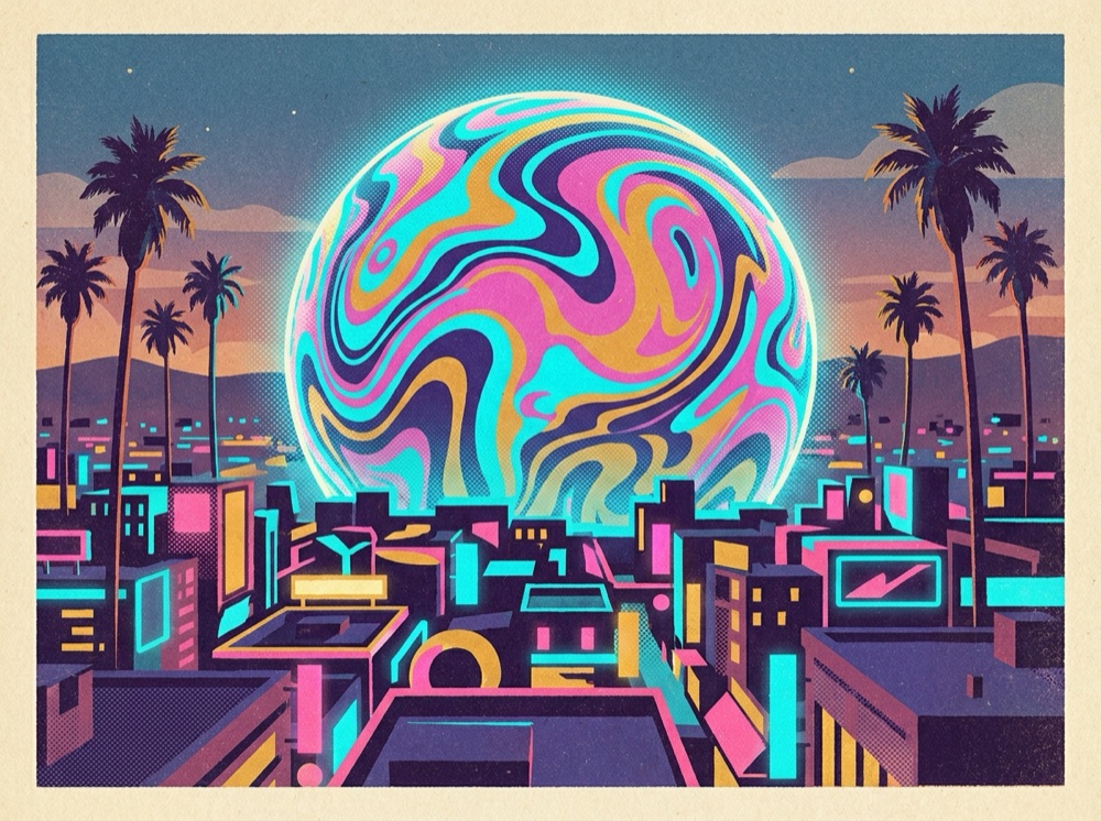Retro postcard of a giant glowing spherical screen over a neon skyline